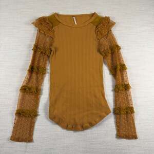 Free People Kiss Kiss Ruffle Lace Mesh Sleeve Ribbed Top